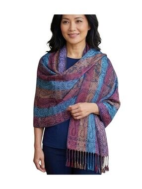 Paisley Pashmina Wrap Purple Blue 70% Pashmina 30% Silk Scarf XL Shawl + Fringe
